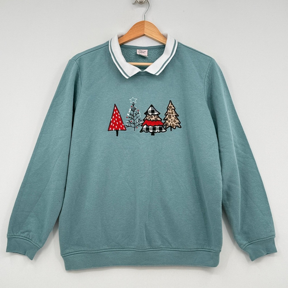 Adrian Delafield Sweatshirt Womens Large Teal Christmas Tree Grandmacore Holiday